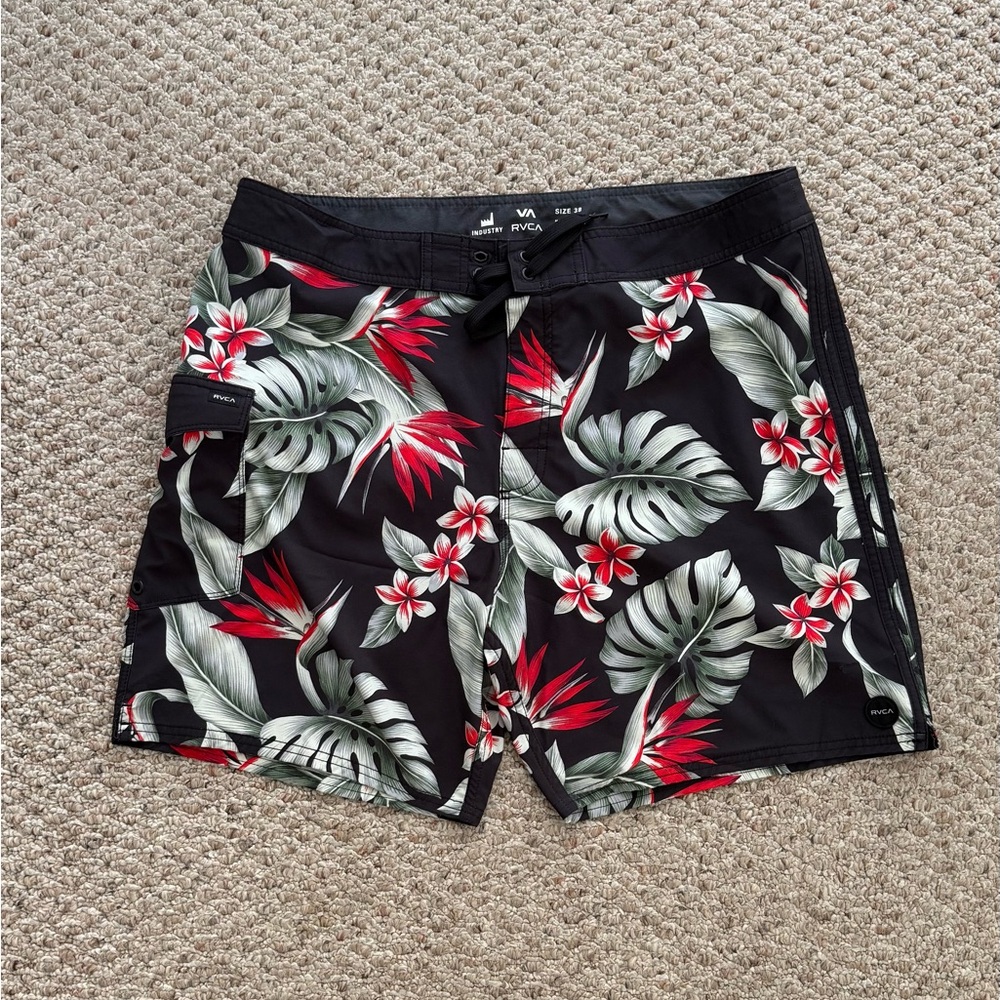 RVCA Black and Red Board Shorts with Tropical Print